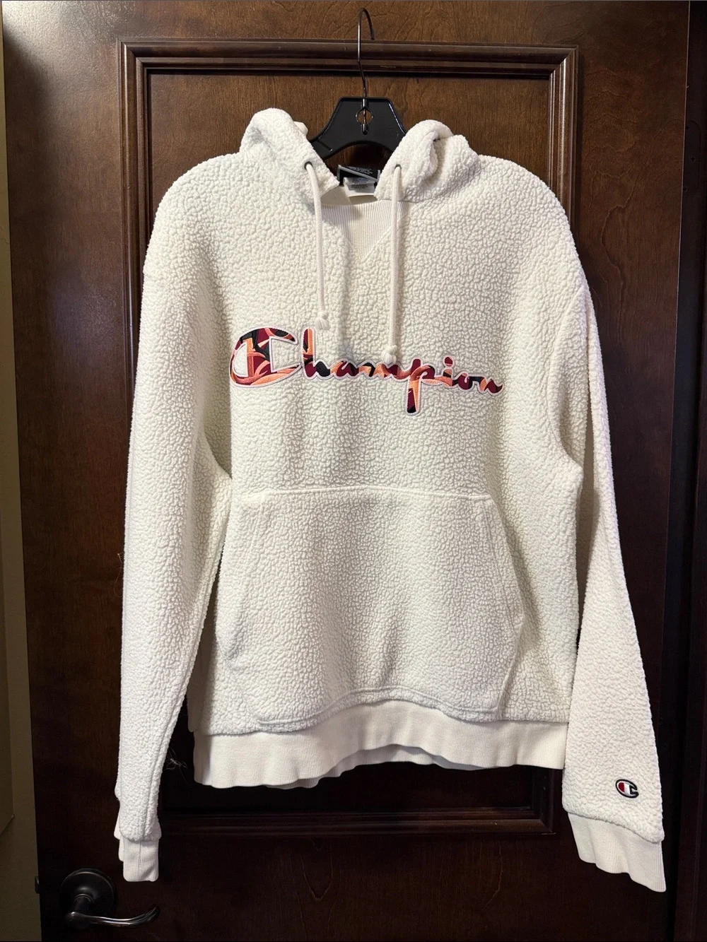 Rare Champion Cream Sherpa Crewneck Hoodie with Pink-Red Logo